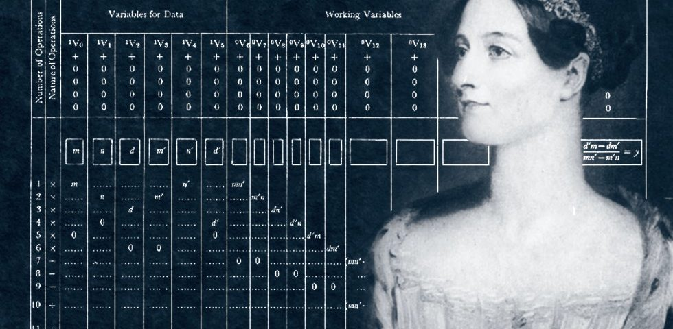 Pintura de Ada Lovelace quando era jovem ao lado de uma tabela com algoritmos.
